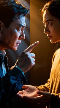 Angry man pointing finger scolding woman in dramatic warm and cool split lighting, relationship conflict and accusation concept.