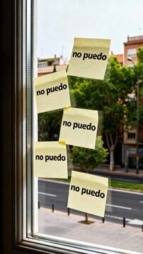 Window covered in yellow sticky notes with Spanish text no puedo representing self-doubt and limiting beliefs.