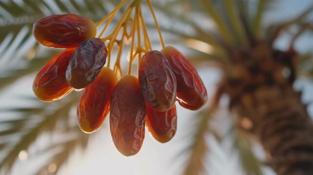 Close up ripe dates hanging on date palm tree illuminated by sun
