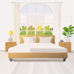 Cozy Bedroom Interior With Large Window And Arch Top Showing Green Trees And Sunlight Soft Light Illuminating A Bed With White Linens And Yellow Lamp On Nightstand