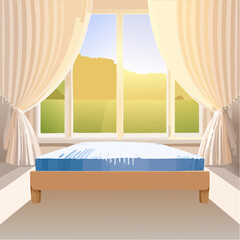 Bright Morning Sunlight Streaming Through Curtains Onto A Simple Bed In A Bedroom With A Large Window Overlooking Green Fields And Blue Sky