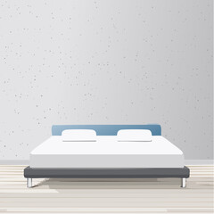 Modern Bedroom With A King Size Bed Featuring A Blue Headboard White Sheets And Two Pillows On A Light Wood Floor With Gray Speckled Walls And Soft Natural Lighting