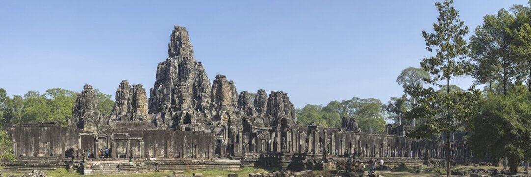 Panoramic picture of the south side of Bayon Temple, with huge stone-carved faces of Bodhisattva Lokeshvara, also Avalokiteshvara, Angkor Thom, UNESCO World Heritage Site, Angkor Wat, Siem Reap, Cambodia