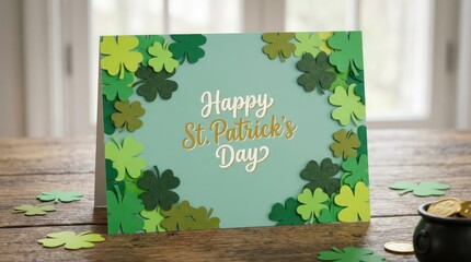 St patricks day themed square decoration with shamrocks and gold lettering on a light blue background near a window