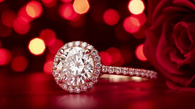 Valentine's Day, Wedding. Diamond ring on a red rose background.