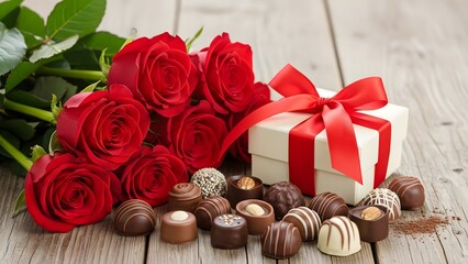 Romantic gift set with red roses and chocolates