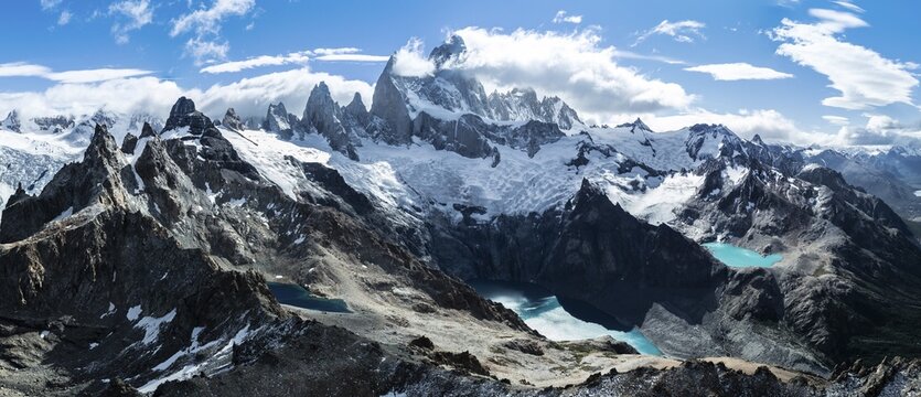 Aerial View, Epic Panorama, Large Glaciers, Lago de los Tres Laguna Sucia Glacier Lakes, Mountains and Peaks of Monte Fitz Roy, Mount Fitz Roy, Cerro Chalten, Los Glaciares National Park, Patagonia, Santa Cruz Province, Argentina