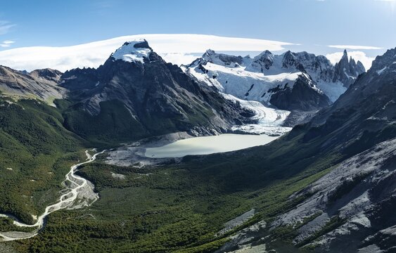 Aerial View, Epic Panorama, Glaciar Torre Glacier Lake Laguna Torre, Mountains and Peaks of Monte Fitz Roy and Cerro Torre, Fitz Roy Mountain Range, Cerro Chalten, Los Glaciares National Park, Patagonia, Santa Cruz Province, Argentina