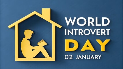 World introvert day celebration graphic with silhouette of person reading inside a house icon on blue background