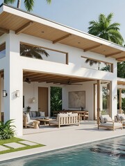 Luxurious Tropical Villa Exterior With Poolside Retreat and Palm Tree View