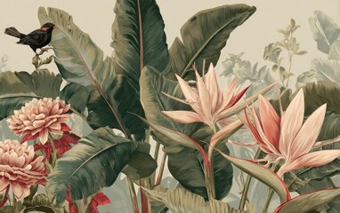 Lush tropical plants, flowers, and a bird in a detailed illustration
