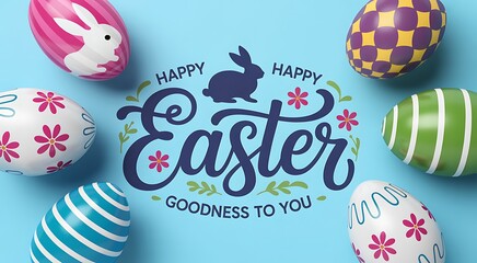 Happy easter greeting with decorated eggs and bunny on blue background