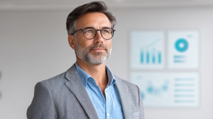 Professional man in glasses standing confidently in modern office with business charts displayed in background, symbolizing success and analysis