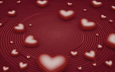 Romantic red 3D background, Valentine heart spiral wallpaper, Abstract love ripple texture, Floating hearts festive backdrop,