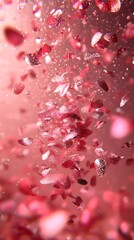 Numerous glittering magenta leaf like shapes covered in sparkle gently float through a soft pink illuminated space