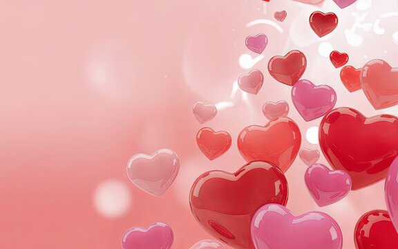 Beautiful 3D glossy pink and red floating hearts on a soft bokeh background. Perfect for Valentine's Day designs, romantic greetings, and wedding-themed digital projects or social media posts. - Powered by Adobe