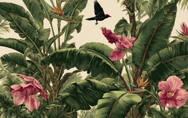 Lush tropical foliage, vibrant pink flowers, birds in flight