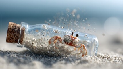 crab emerging from a bottle on the seabed, sandy particles suspended, subtle poignancy