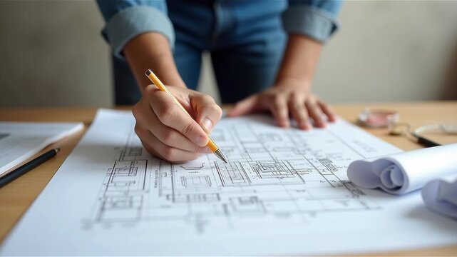 Creative architect sketching blueprint on drafting table with scale model
