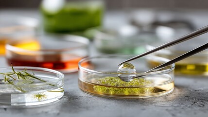 lab bench close-up, microplastic analysis under microscope, petri dishes