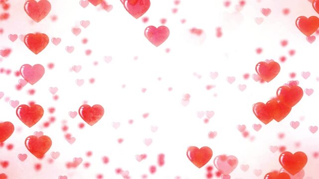 A cascade of red and pink hearts floats on a white, softly blurred, romantic background, Valentine's Day, Happy valentine's day, valentine card, valentine day heart animated background. Wedding annive