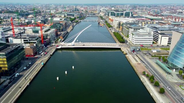 dublin Aerial perspective of a river winding through a city.