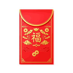 Traditional Chinese Red Envelope with Golden Ornaments and Lucky Symbols, Ideal for Lunar New Year Celebrations