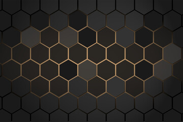 A striking abstract background featuring a dense arrangement of dark hexagonal shapes with subtle golden highlights creates a sophisticated visual texture © GoldenPhotos