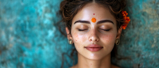 A girl with her eyes closed and flowers in her hair meditates against a blue background, conveying harmony, which would be an ideal backdrop for content about yoga or spiritual practices.
