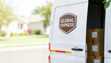 Delivery van parked in residential area with packages inside