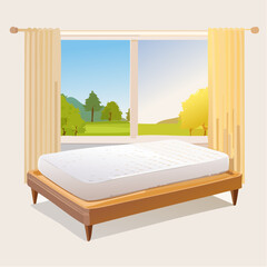 Bright Morning Sunlight Illuminates A Comfortable Mattress On A Wooden Bed Frame Set Against A Large Window Overlooking A Lush Green Landscape With Rolling Hills And Trees