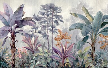 Lush, tropical foliage in muted pastel tones
