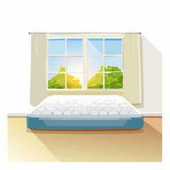 Comfortable Mattress With Blue Base Placed Before A Window With Green Trees And Blue Sky View On A Sunny Day With Soft Curtains And Wooden Floor In A Room