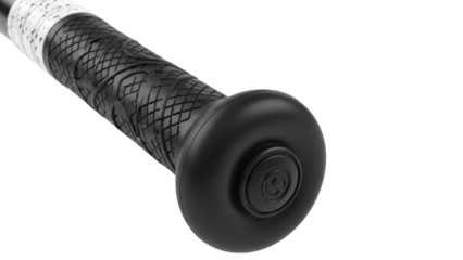 Closeup of black textured bat handle with secure knob end and patterned grip tape, professional baseball or softball bat handle designed for control, comfort and reduced vibration


