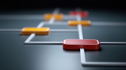 Abstract representation of interconnected blocks with vibrant colors on a dark surface showcasing concepts of network, innovation, and technology in visual design