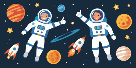 Two astronauts explore space amongst planets stars and a rocket ship © Bijon