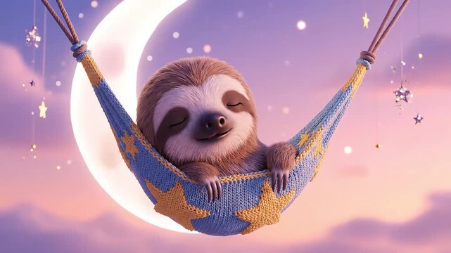 Cute cartoon sloth sleeping peacefully in a starry hammock under a crescent moon and pastel sky