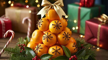 Christmas Orange Pyramid &ndash; Clove-Decorated Fruit with Gold Ribbon, Evergreen, and Festive Holiday Atmosphere