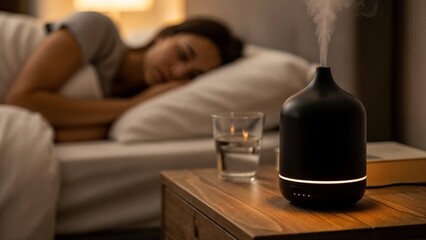 Aromatherapy diffuser emitting mist on bedside table with a woman sleeping peacefully