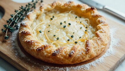 Savory Galette Recipe &ndash; Rustic Golden Crust with Cheese Filling, Thyme Garnish, and Culinary Presentation