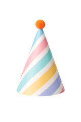 Colorful striped paper party hat with orange pompom isolated on grey