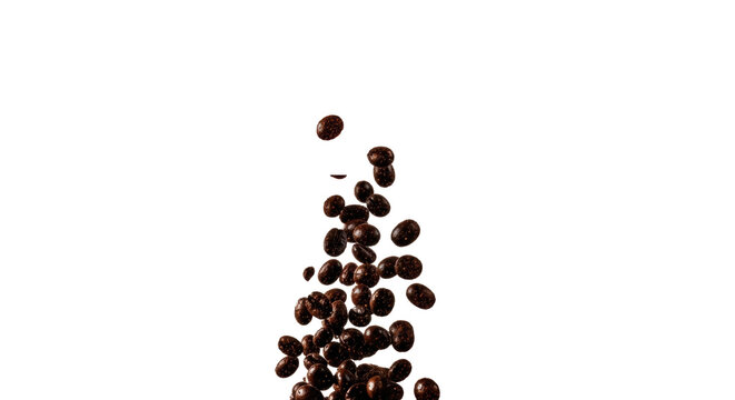 Numerous glossy dark roasted coffee beans and ultra-fine powder dynamically exploding upwards against a transparent background with copy space, high-speed macro. Explosive coffee advertising concept