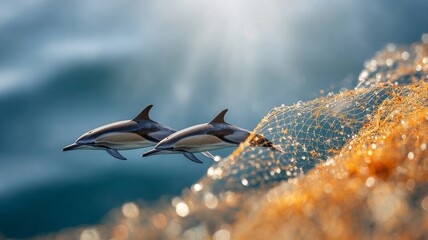 dolphins swimming near a drifting fishing net, cautious distance
