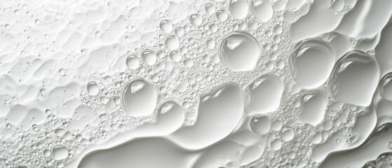 The macrotexture of droplets and bubbles on a wet surface conveys freshness and purity, ideal for packaging cosmetics or medical supplies.