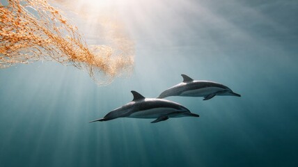 dolphins swimming near a drifting fishing net, cautious distance