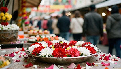 Flower Market Scene &ndash; Vibrant Street Festival with Colorful Floral Arrangements and Cultural Atmosphere