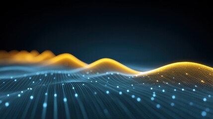 Abstract digital waves with glowing lines and dots creating a sense of movement and energy against a dark background for technological themes
