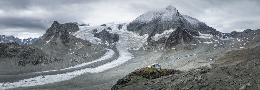 Aerial view, Alpine panorama, mountain hut Cabane des Dix, mountain landscape with glacier Glacier de Cheilon and summit Mont Blanc de Cheilon, Valais, Western Alps, Switzerland