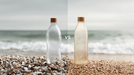 biodegradable packaging vs plastic side-by-side on shoreline, label icons