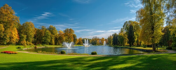 Autumn landscape with fountains in a lake, surrounded by vibrant fall foliage, and a blue sky
